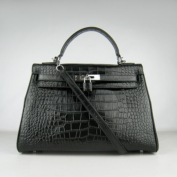 7A Replica Hermes Kelly 32cm Crocodile Veins Leather Bag Black 6108 - Click Image to Close